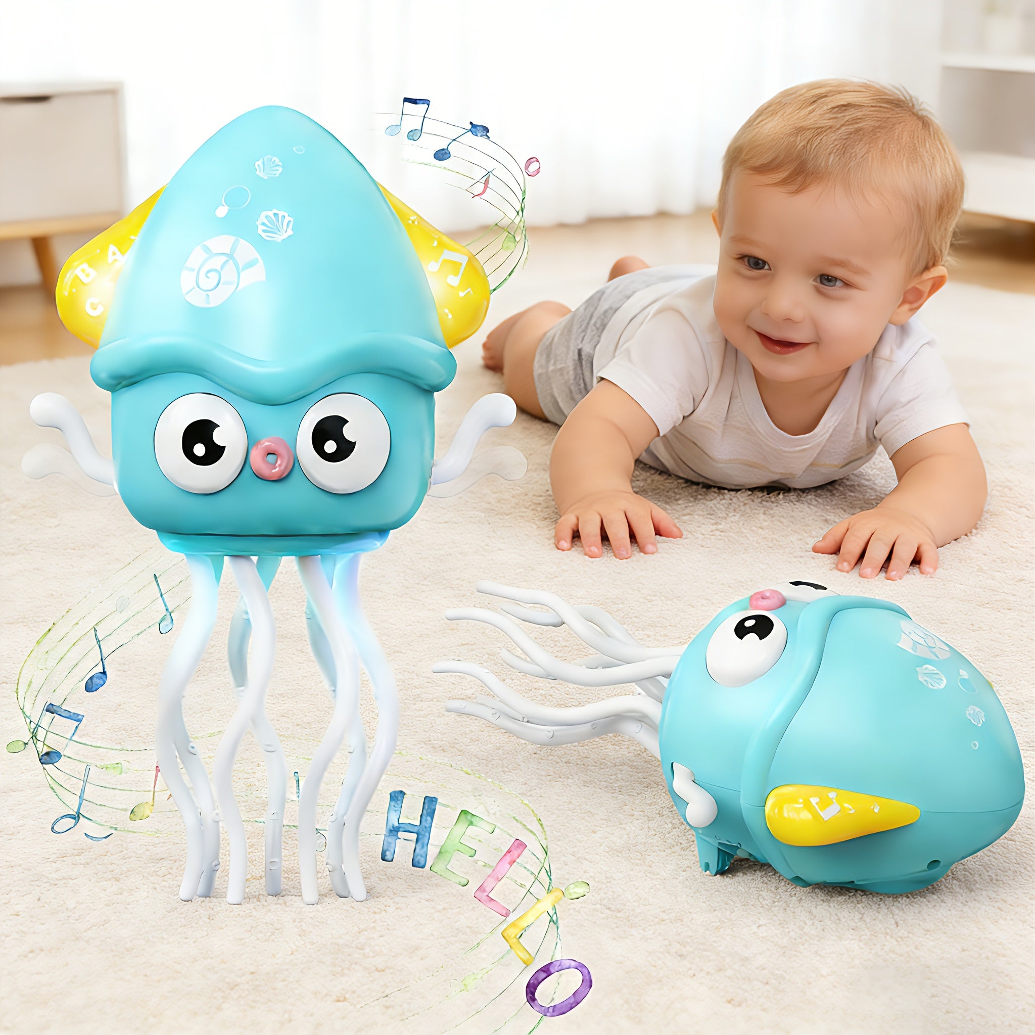Dancing Octopus Baby Toy, Dancing Squid Crawling Toys, Automatic Evasion Octopus Toy with Led Light and Music, Interactive Entertainment for Baby Sensory Development Birthday Gifts